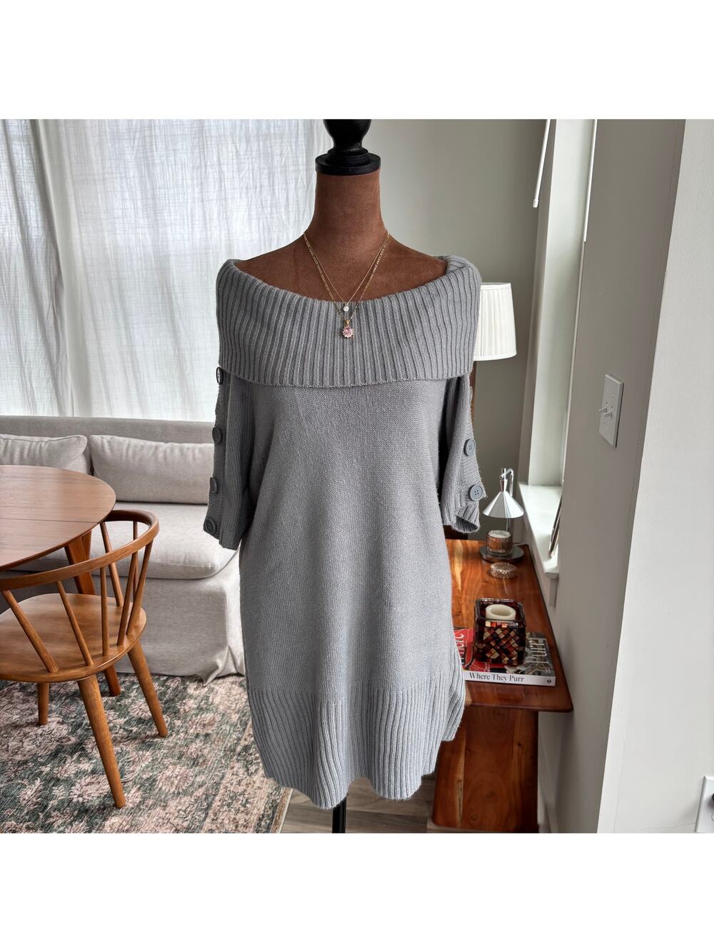2000s Jillian Nicole Gray Knit Summer Tunic Button Sleeve Off the Shoulder PXL